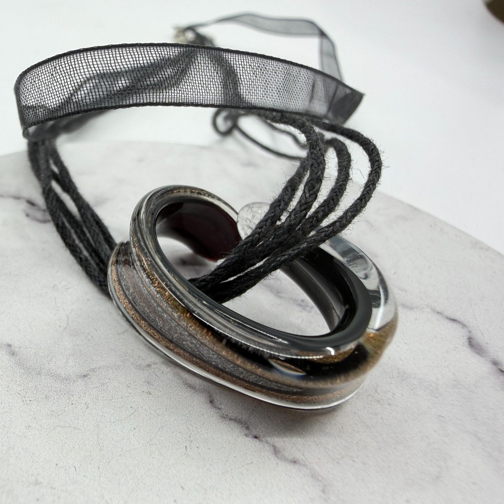 Black Bronze Tone Abstract Loop Pendant Multi Cord Ribbon Necklace Statement